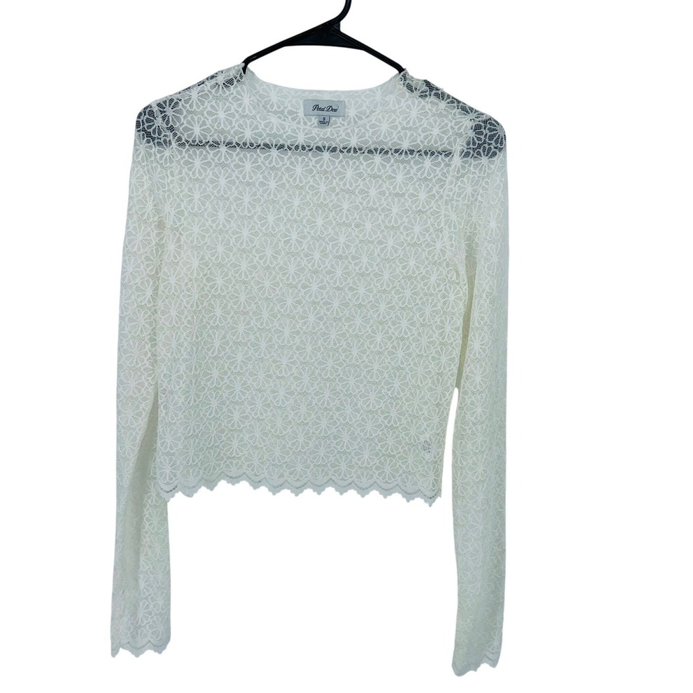 Petal Dew Womens White Floral Lace Long Sleeve Cropped Top Sheer Scalloped Hem S